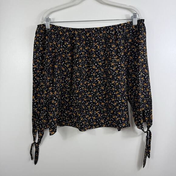 Madewell 100% Silk Off the Shoulder Top Small Falling Leaves Tie Sleeves Sheer - Picture 6 of 11